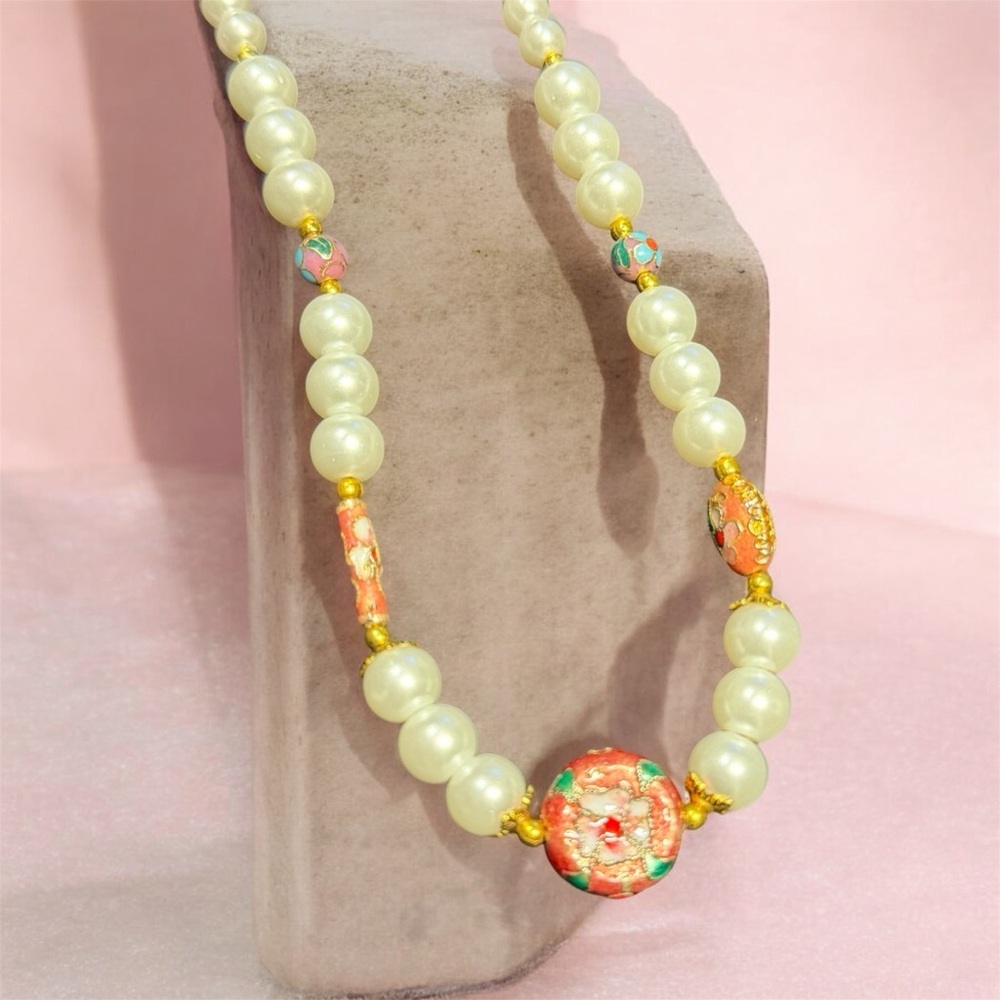 Handcrafted Cloisonné Pearl and Gold Beaded Necklace - Picture 6 of 12